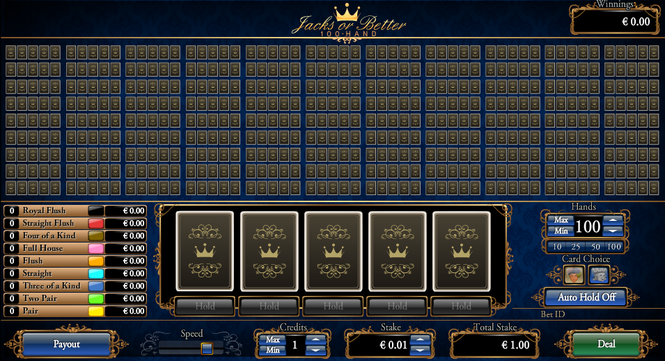 Jacks or Better 100 Hand Entry Screen