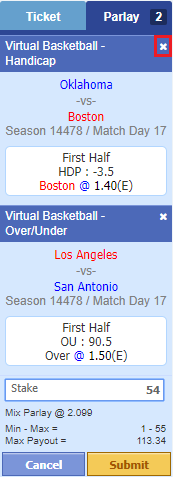 Virtual Basketball Parlay Ticket