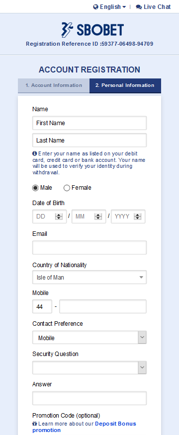 Enter your personal information to register SBOBET Account